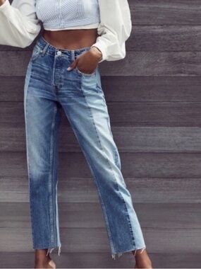 BDG Urban Outfitters Two-Toned High Rise Raw Hem Straight Leg Jessye Jean Sz 27